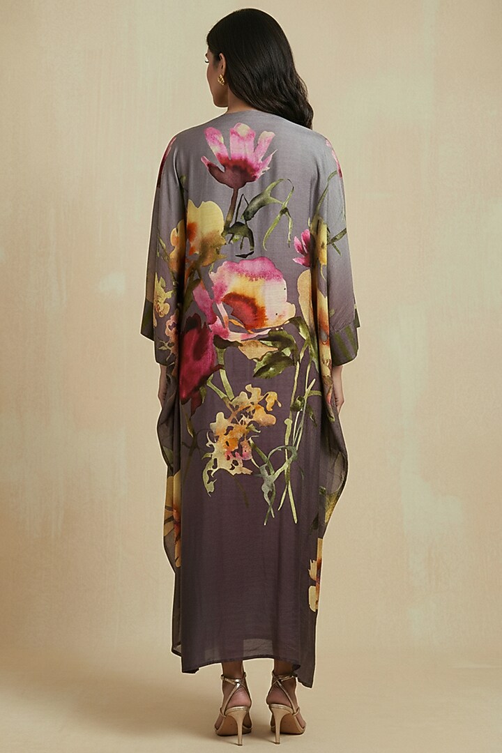 Stone Grey Silk Cotton Floral Motif Printed Kaftan Summer Dress by Kalista at Pernia's Pop Up Shop