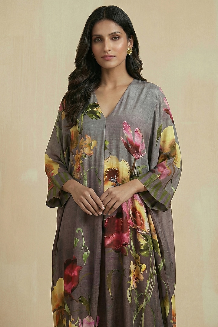 Stone Grey Silk Cotton Floral Motif Printed Kaftan Summer Dress by Kalista at Pernia's Pop Up Shop