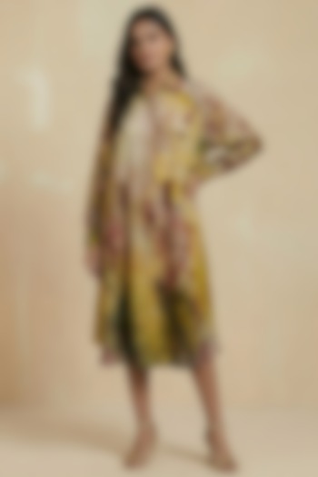 Mustard Silk Cotton Floral Hand Painted Midi Summer Shirt Dress by Kalista at Pernia's Pop Up Shop