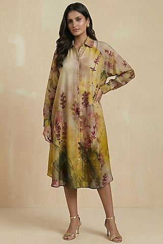 Mustard Silk Cotton Floral Hand Painted Midi Shirt Dress by Kalista