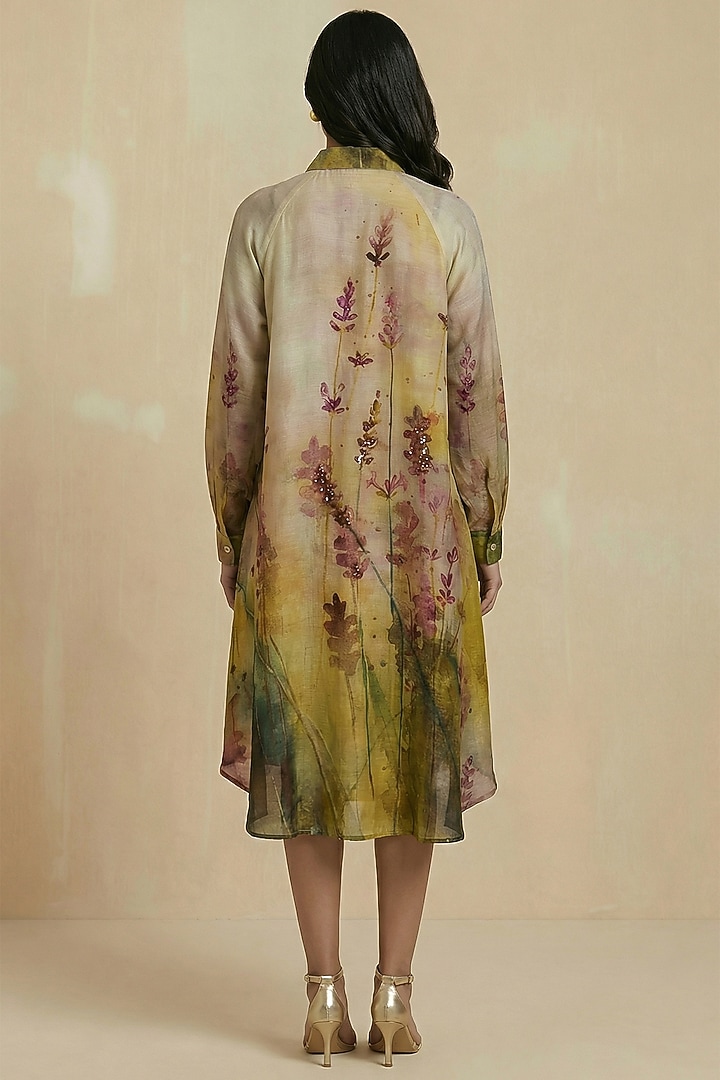 Mustard Silk Cotton Floral Hand Painted Midi Summer Shirt Dress by Kalista at Pernia's Pop Up Shop