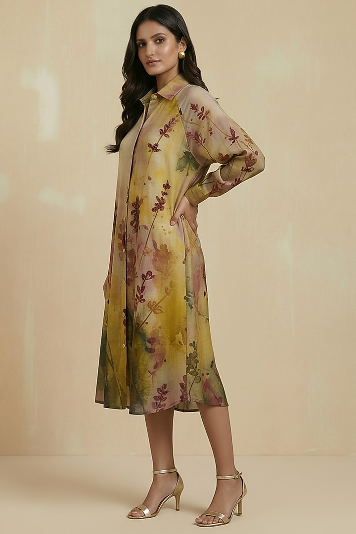 Mustard Silk Cotton Floral Hand Painted Midi Summer Shirt Dress by Kalista at Pernia's Pop Up Shop