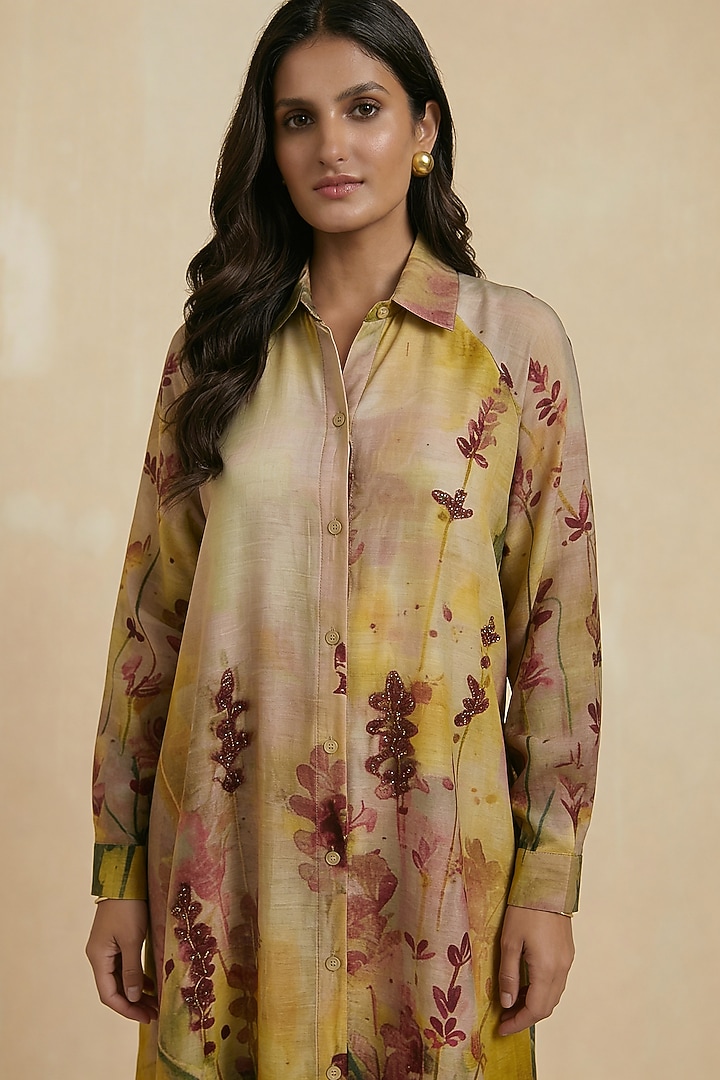 Mustard Silk Cotton Floral Hand Painted Midi Summer Shirt Dress by Kalista at Pernia's Pop Up Shop