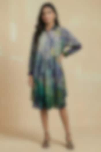 Teal Blue Silk Cotton Floral Hand Painted Midi Summer Shirt Dress by Kalista at Pernia's Pop Up Shop