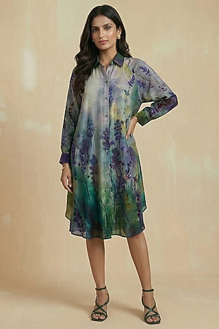 Teal Blue Silk Cotton Floral Hand Painted Midi Shirt Dress by Kalista