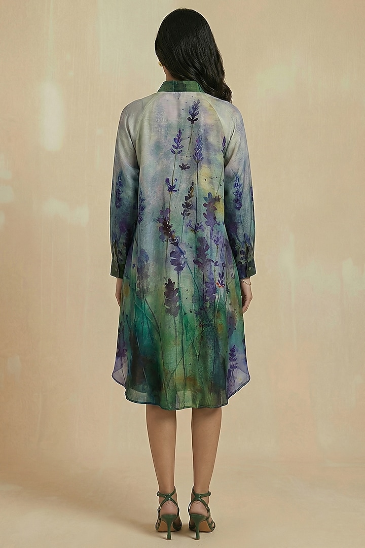 Teal Blue Silk Cotton Floral Hand Painted Midi Summer Shirt Dress by Kalista at Pernia's Pop Up Shop