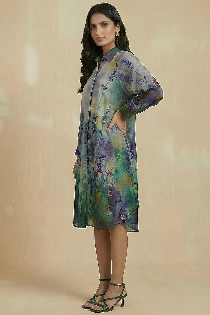 Teal Blue Silk Cotton Floral Hand Painted Midi Summer Shirt Dress by Kalista at Pernia's Pop Up Shop