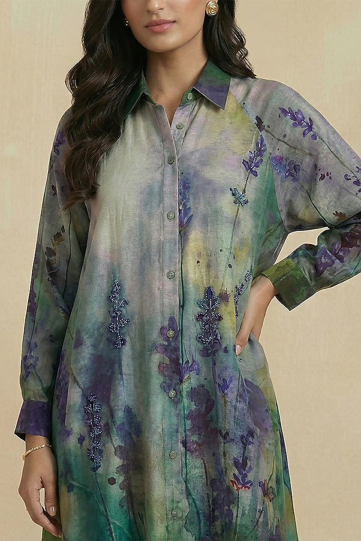 Teal Blue Silk Cotton Floral Hand Painted Midi Summer Shirt Dress by Kalista at Pernia's Pop Up Shop
