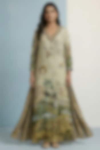 Ivory Viscose Crepe Motif Embroidered Jalabiya Vacation Dress by Kalista at Pernia's Pop Up Shop