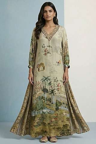 Ivory Viscose Crepe Motif Embroidered Jalabiya Dress by Kalista