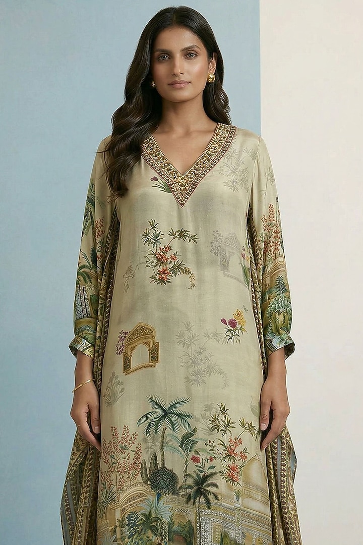 Ivory Viscose Crepe Motif Embroidered Jalabiya Vacation Dress by Kalista at Pernia's Pop Up Shop