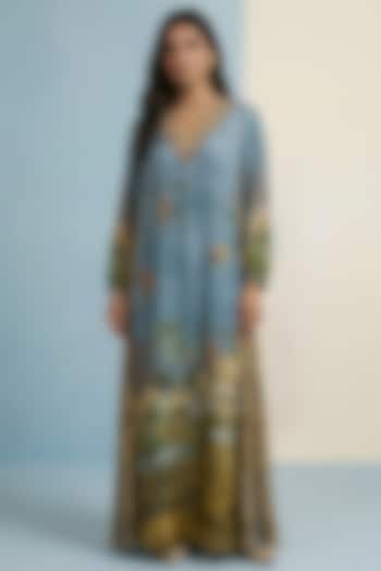 Aqua Viscose Crepe Motif Embroidered Jalabiya Vacation Dress by Kalista at Pernia's Pop Up Shop