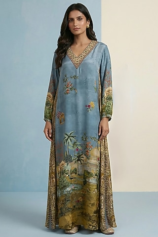 Aqua Viscose Crepe Motif Embroidered Jalabiya Dress by Kalista