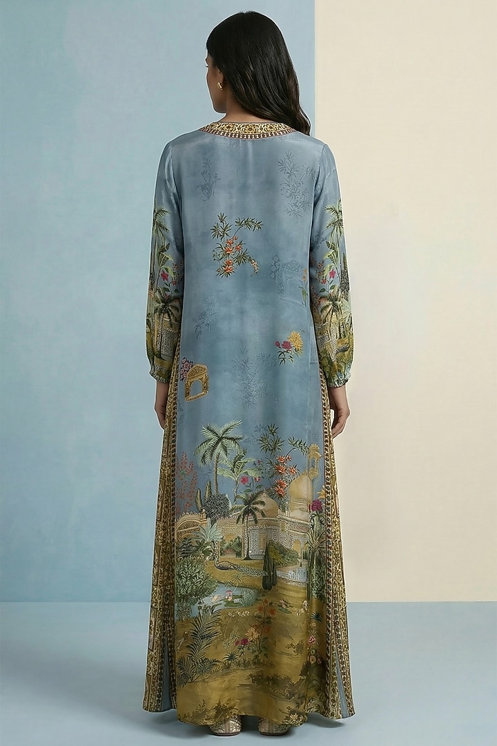 Aqua Viscose Crepe Motif Embroidered Jalabiya Vacation Dress by Kalista at Pernia's Pop Up Shop