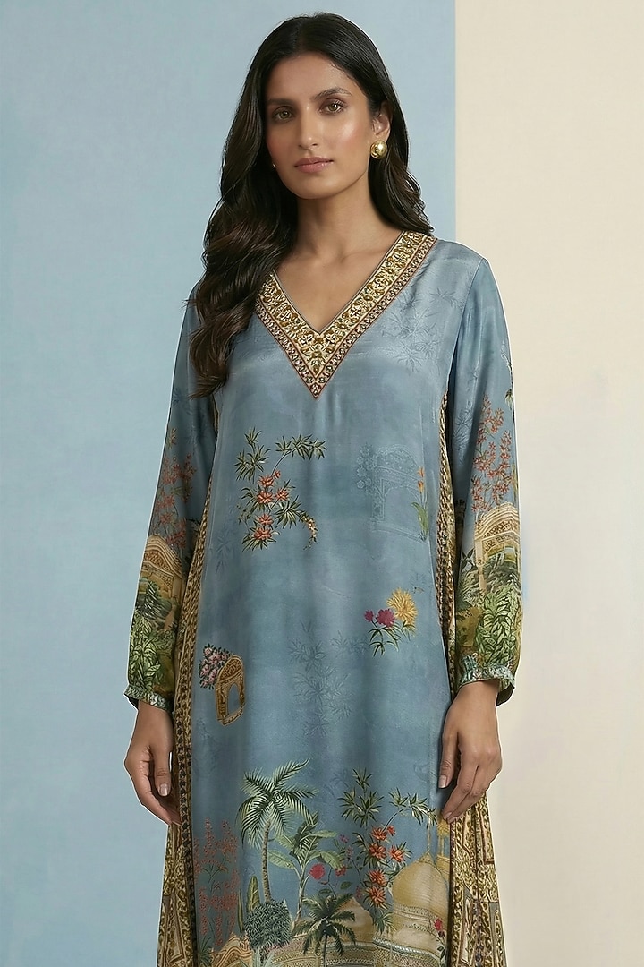 Aqua Viscose Crepe Motif Embroidered Jalabiya Vacation Dress by Kalista at Pernia's Pop Up Shop