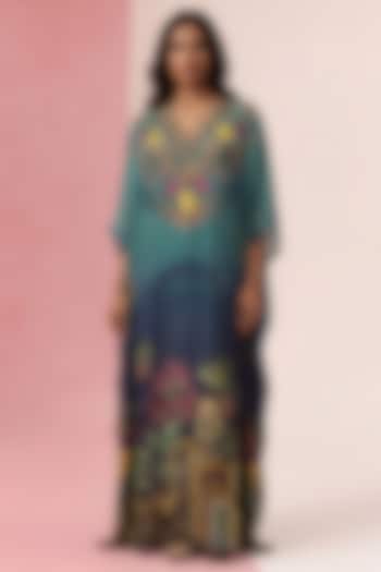 Teal Blue Viscose Crepe Printed Kaftan by Kalista at Pernia's Pop Up Shop