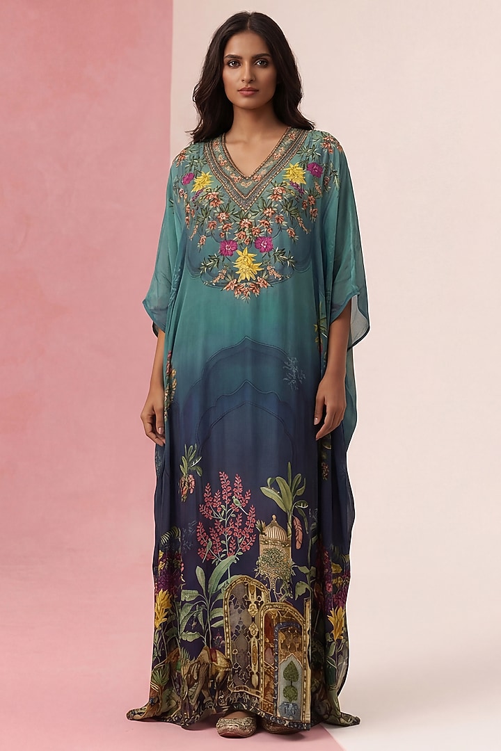 Teal Blue Viscose Crepe Printed Kaftan by Kalista at Pernia's Pop Up Shop