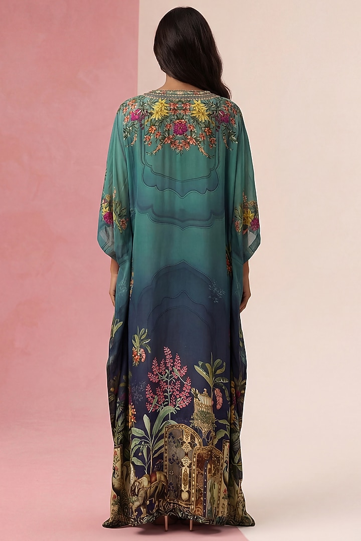 Teal Blue Viscose Crepe Printed Kaftan by Kalista at Pernia's Pop Up Shop