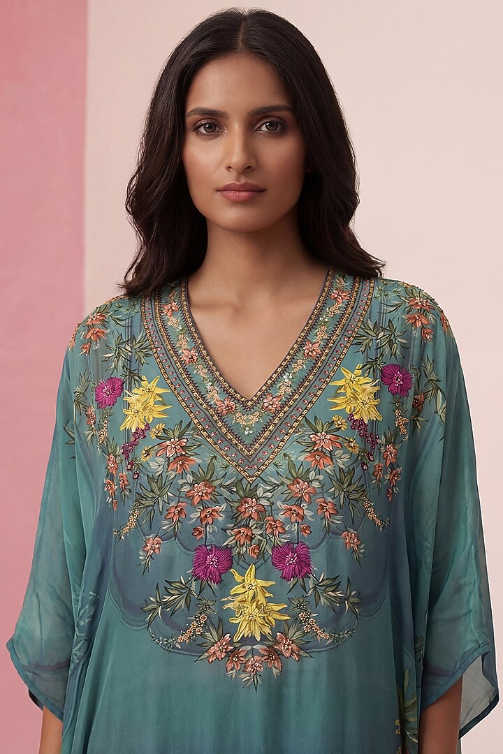 Teal Blue Viscose Crepe Printed Kaftan by Kalista at Pernia's Pop Up Shop