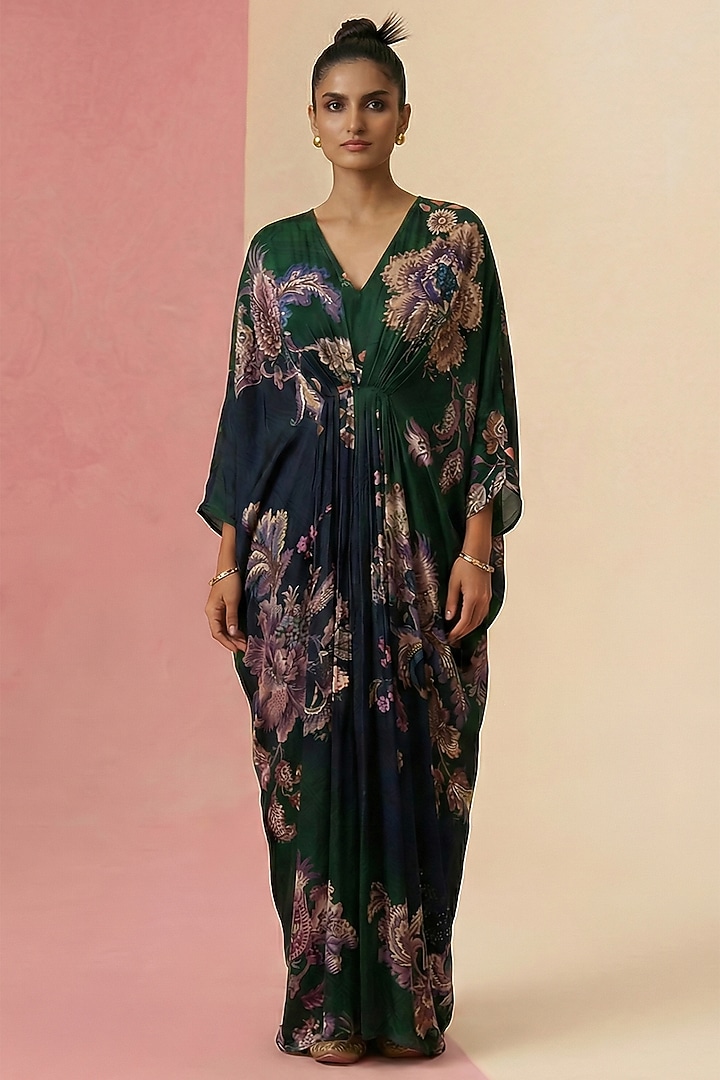 Forest Green & Midnight Blue Ombre Viscose Crepe Kaftan by Kalista at Pernia's Pop Up Shop