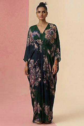 Forest Green & Midnight Blue Ombre Viscose Crepe Kaftan by Kalista