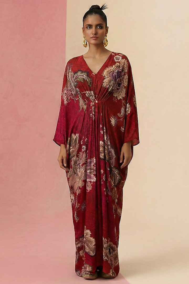Crimson Red & Sunset Orange Ombre Viscose Crepe Kaftan by Kalista at Pernia's Pop Up Shop