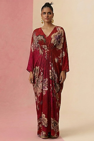 Crimson Red & Sunset Orange Ombre Viscose Crepe Kaftan by Kalista