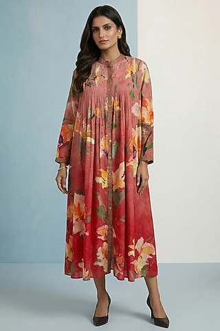 Walnut Pure Cotton Floral Printed Pleated Dress by Kalista