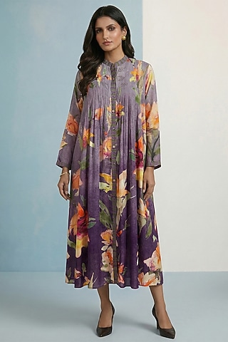 Lilac Pure Cotton Flowy Pleated Maxi Dress by Kalista