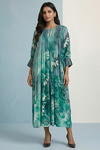 Turquoise Pure Cotton Floral Printed Maxi Dress by Kalista
