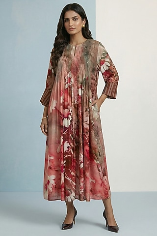 Rose Red Pure Cotton Floral Printed Maxi Dress by Kalista