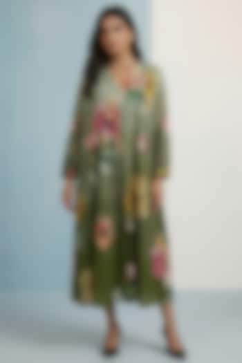 Olive Green Pure Cotton Floral Printed Maxi Summer Dress by Kalista at Pernia's Pop Up Shop