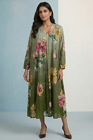 Olive Green Pure Cotton Floral Printed Maxi Dress by Kalista