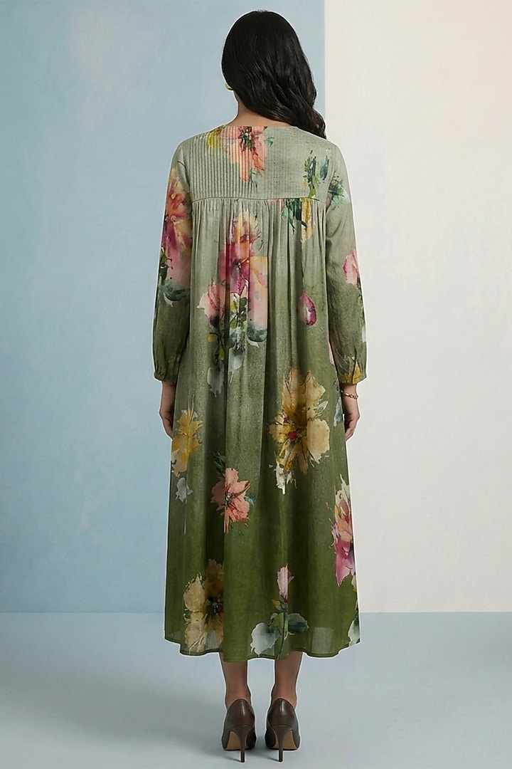 Olive Green Pure Cotton Floral Printed Maxi Summer Dress by Kalista at Pernia's Pop Up Shop