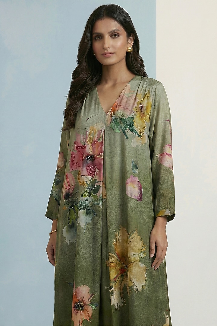 Olive Green Pure Cotton Floral Printed Maxi Summer Dress by Kalista at Pernia's Pop Up Shop