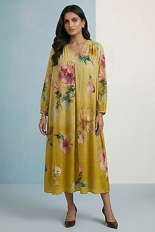 Amber Yellow Pure Cotton Floral Printed Maxi Dress by Kalista