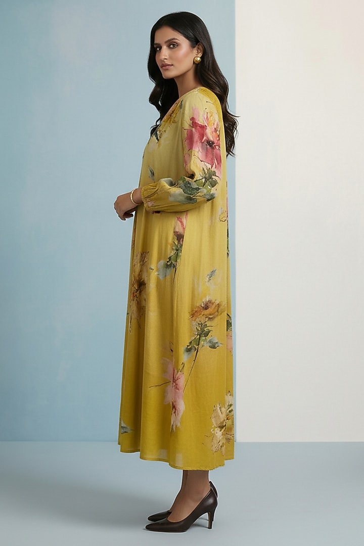 Amber Yellow Pure Cotton Floral Printed Maxi Summer Dress by Kalista at Pernia's Pop Up Shop
