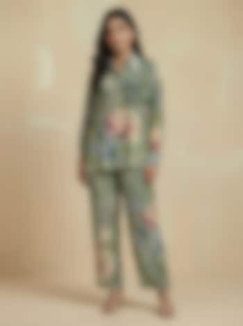 Sage Green Viscose Silk Floral Printed Co-Ord Set by Kalista at Pernia's Pop Up Shop