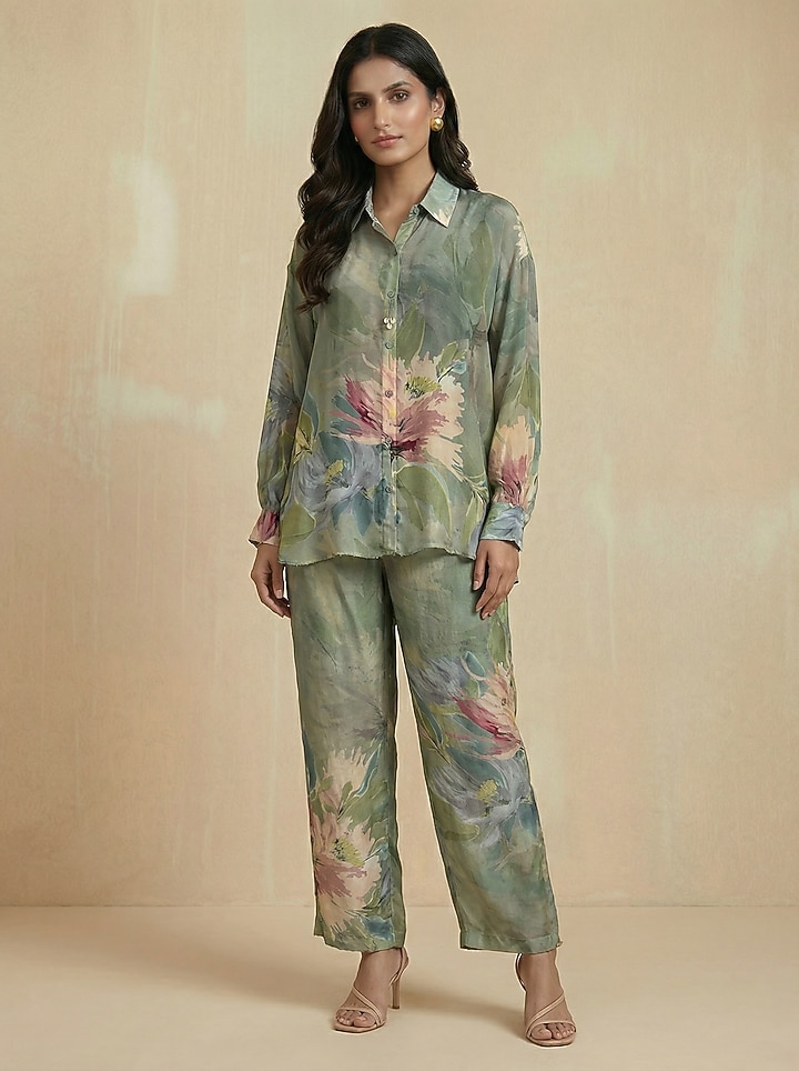 Sage Green Viscose Silk Floral Printed Co-Ord Set by Kalista at Pernia's Pop Up Shop