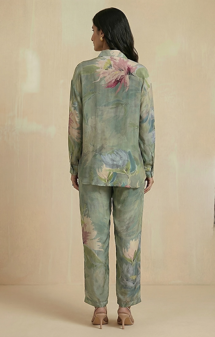 Sage Green Viscose Silk Floral Printed Co-Ord Set by Kalista at Pernia's Pop Up Shop