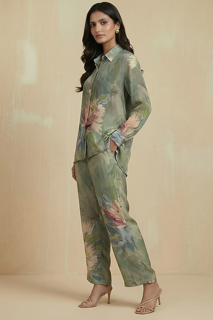 Sage Green Viscose Silk Floral Printed Co-Ord Set by Kalista at Pernia's Pop Up Shop
