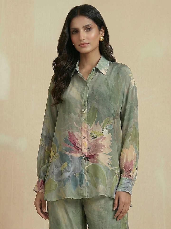 Sage Green Viscose Silk Floral Printed Co-Ord Set by Kalista at Pernia's Pop Up Shop