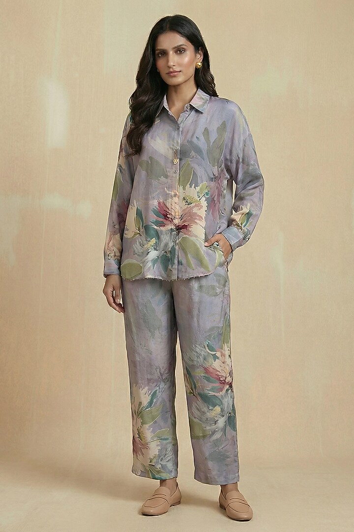 Soft Lilac Viscose Silk Floral Printed Co-Ord Set by Kalista at Pernia's Pop Up Shop