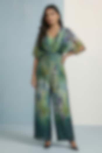 Teal Green Viscose Crepe Floral Printed Jumpsuit by Kalista at Pernia's Pop Up Shop