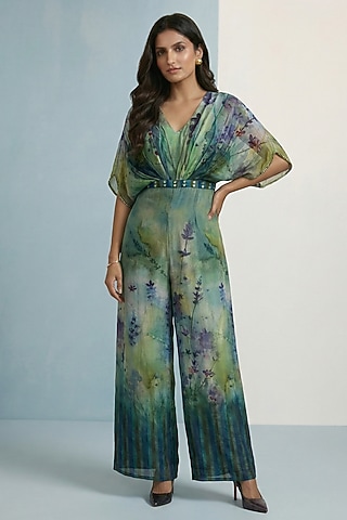 Teal Green Viscose Crepe Floral Printed Jumpsuit by Kalista