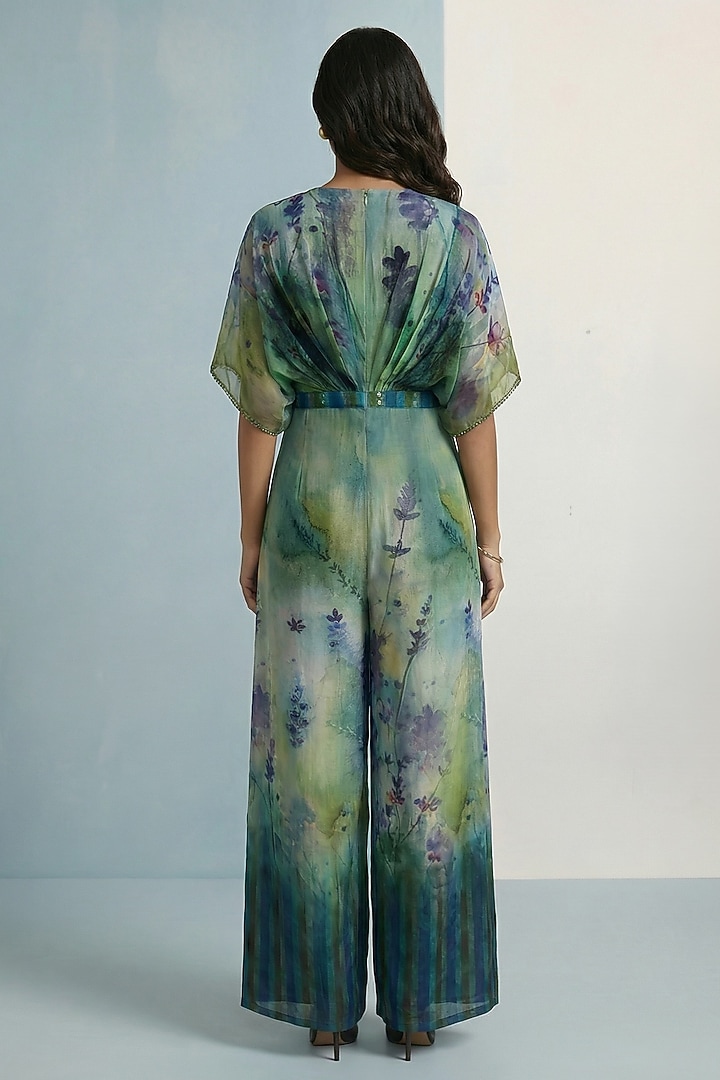 Teal Green Viscose Crepe Floral Printed Jumpsuit by Kalista at Pernia's Pop Up Shop