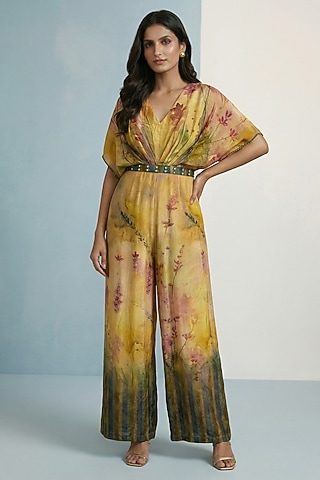 Amber Yellow Viscose Crepe Floral Printed Jumpsuit by Kalista