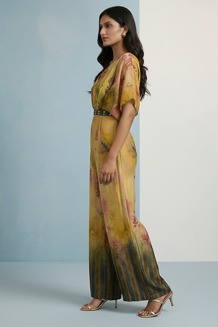 Amber Yellow Viscose Crepe Floral Printed Jumpsuit by Kalista at Pernia's Pop Up Shop