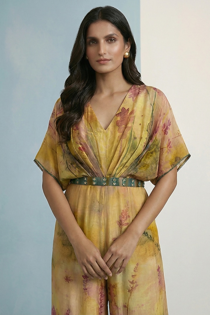 Amber Yellow Viscose Crepe Floral Printed Jumpsuit by Kalista at Pernia's Pop Up Shop