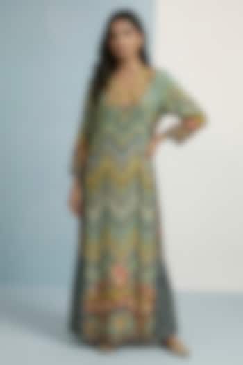 Green Viscose Crepe Floral Printed Jalabiya Vacation Dress by Kalista at Pernia's Pop Up Shop